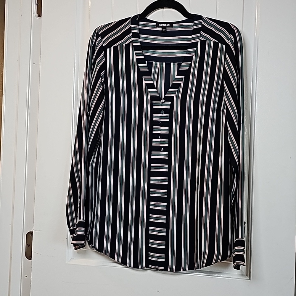 Express m navy blue/green/reddish pink striped long sleeve blouse